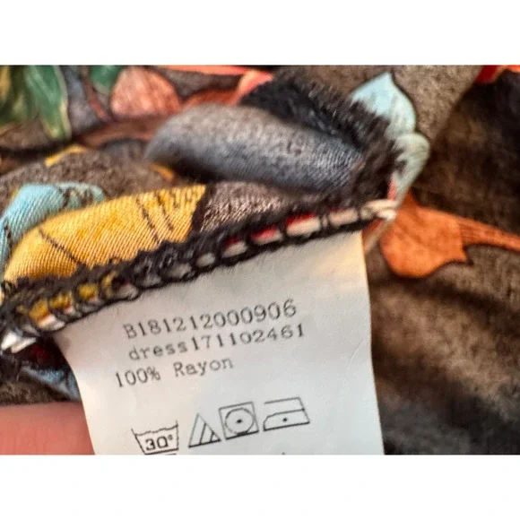 Floral Rayon V-Neck Button Front Dress Black Multi Smocked Waist Tassel Size M - Picture 5 of 7